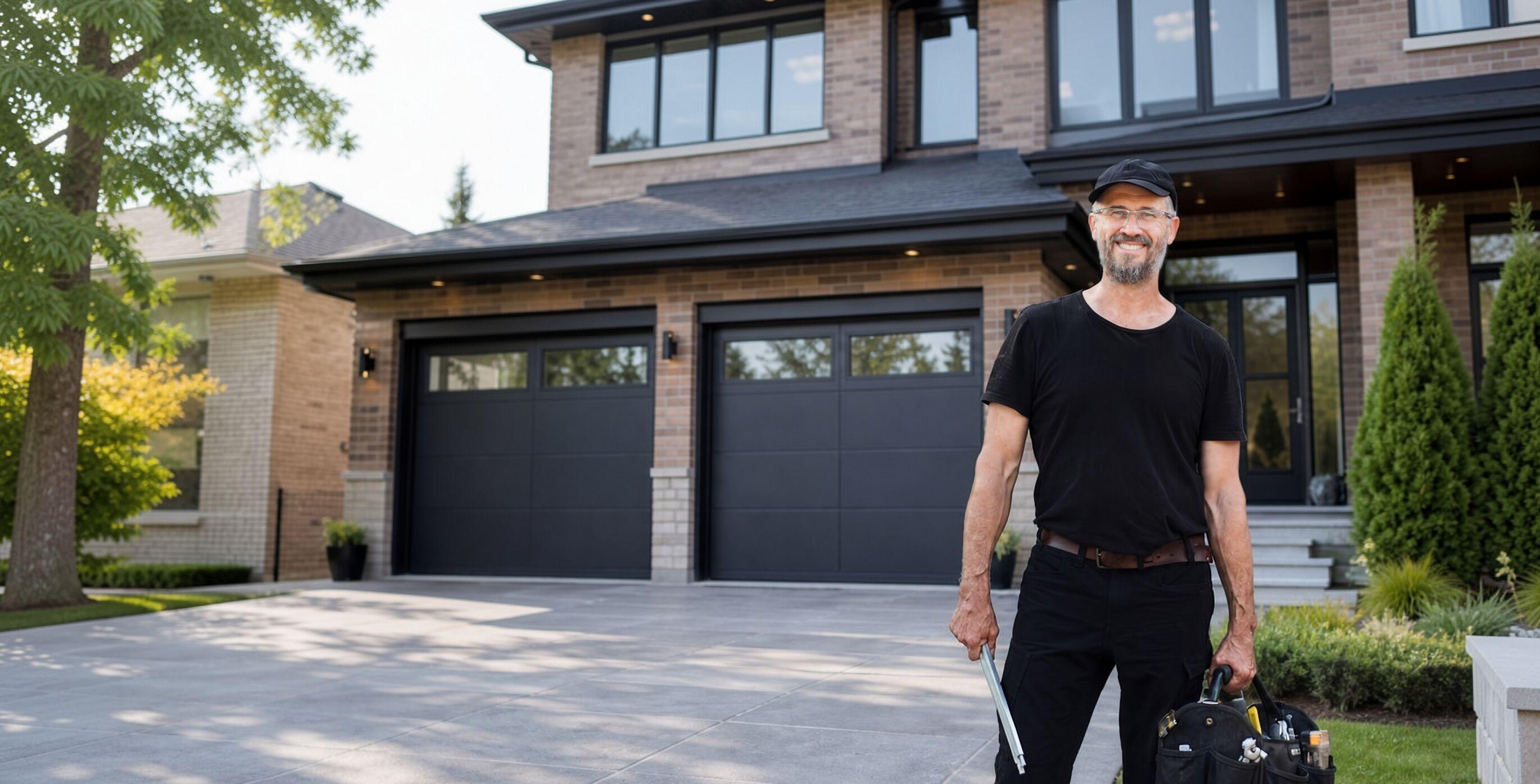 Alex, owner of Pro Garage Doors 2000, stands in front of a modern home with two newly installed matte black garage doors, tool bag in hand.